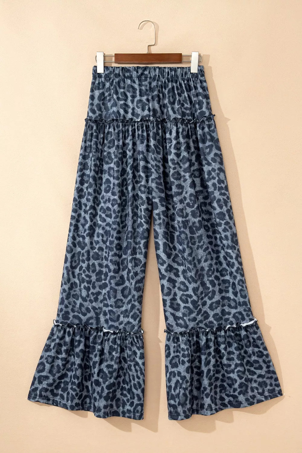 Leopard Print Frilled Detail Drawstring Wide Leg Pants in Dark Navy for Women