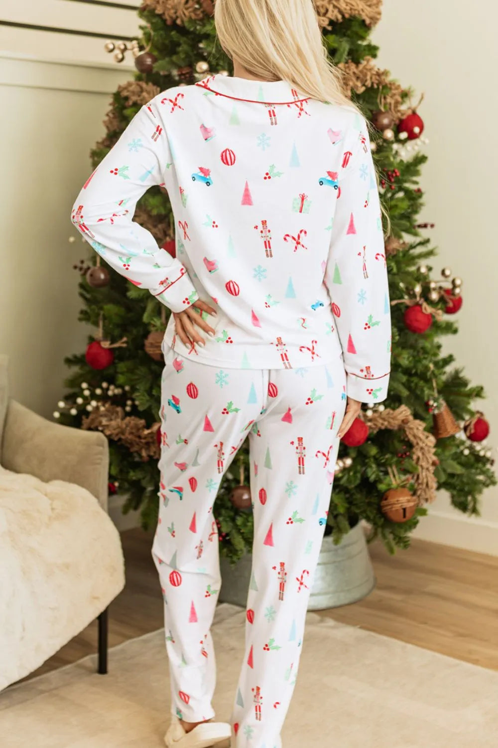 Christmas Printed Collared Neck Top and Pants Lounge Set in White for Women