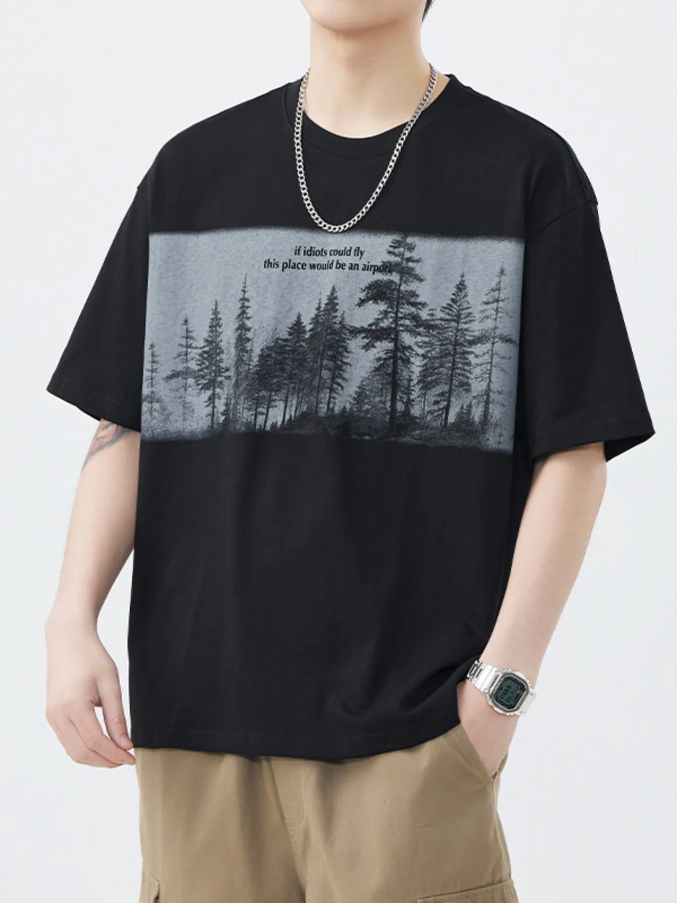 Plus Size Graphic Round Neck Half Sleeve T-Shirt in Coffee Color for Men