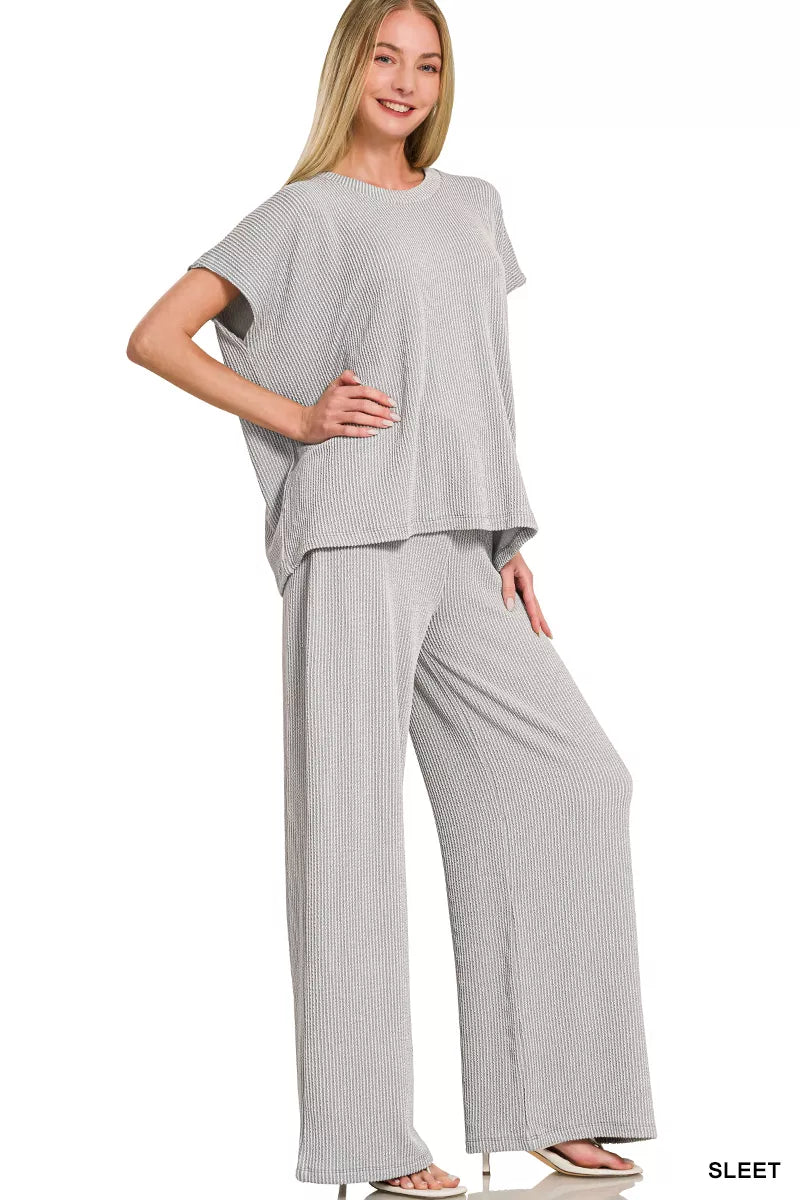 Raised Rib Relaxed Top & Pants Set in Sleet for Women