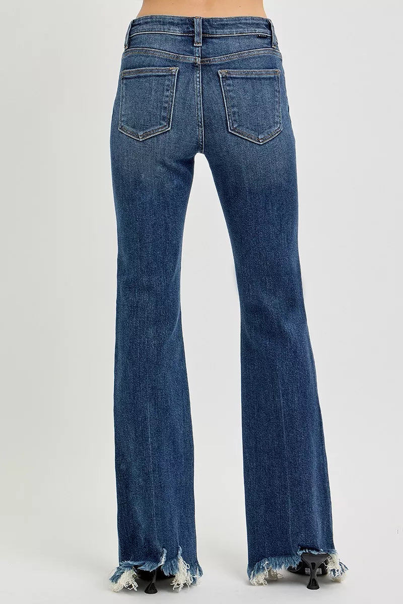 Mid Rise Flare Frayed Hem Jeans Plus Size in Dark for Women