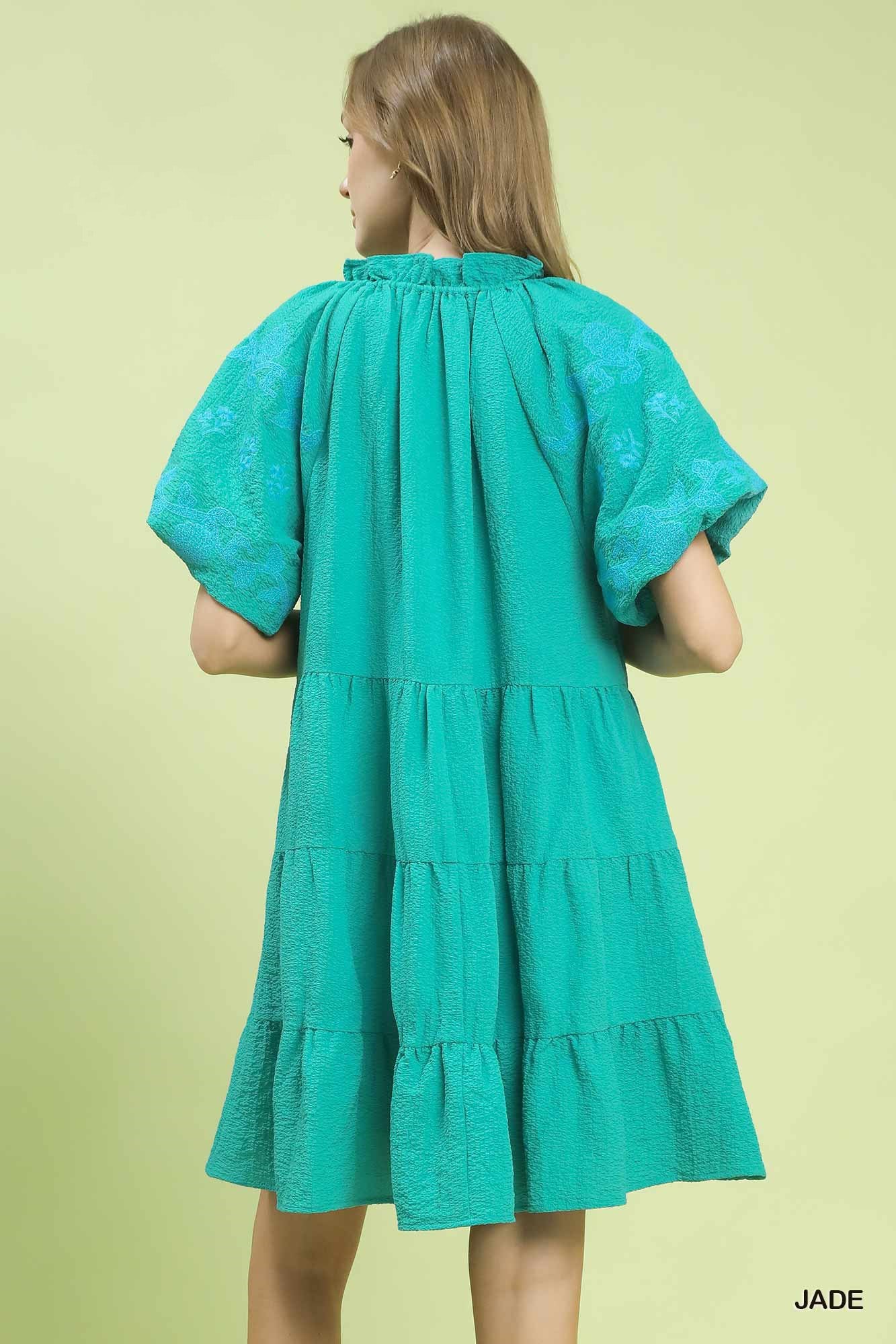 Embroidered Tiered Puff Sleeve Mini Dress in Jade for Women