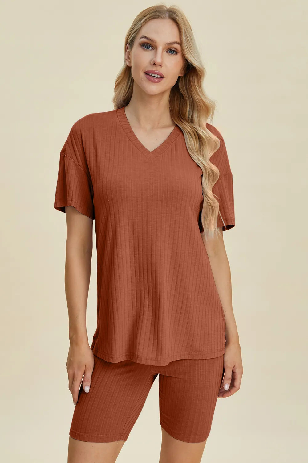Plus Size Ribbed V-Neck Short Sleeve Top and Shorts Set in Lavender for Women