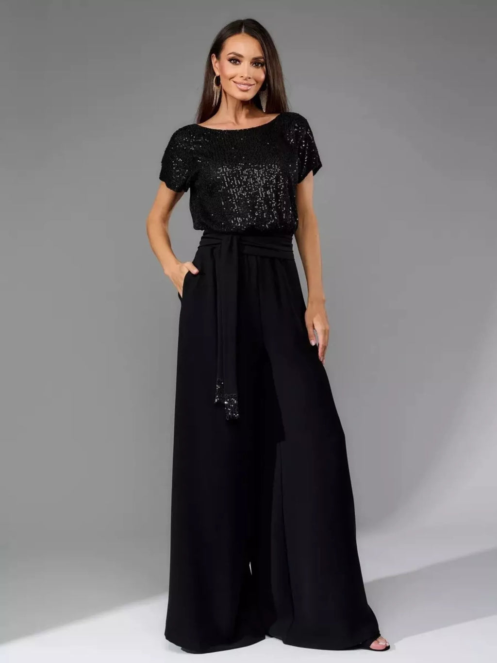 Plus Size Sequin Short Sleeve Wide Leg Jumpsuit in Black for Women