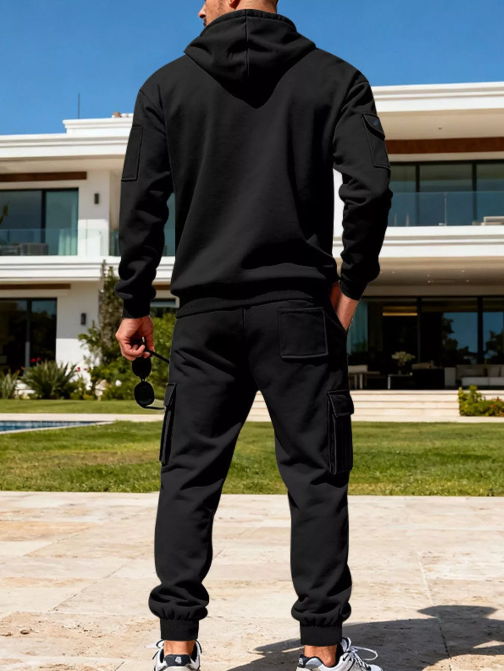 Half Zip Hoodie and Cargo Pants Set Plus Size in Light Gray for Men