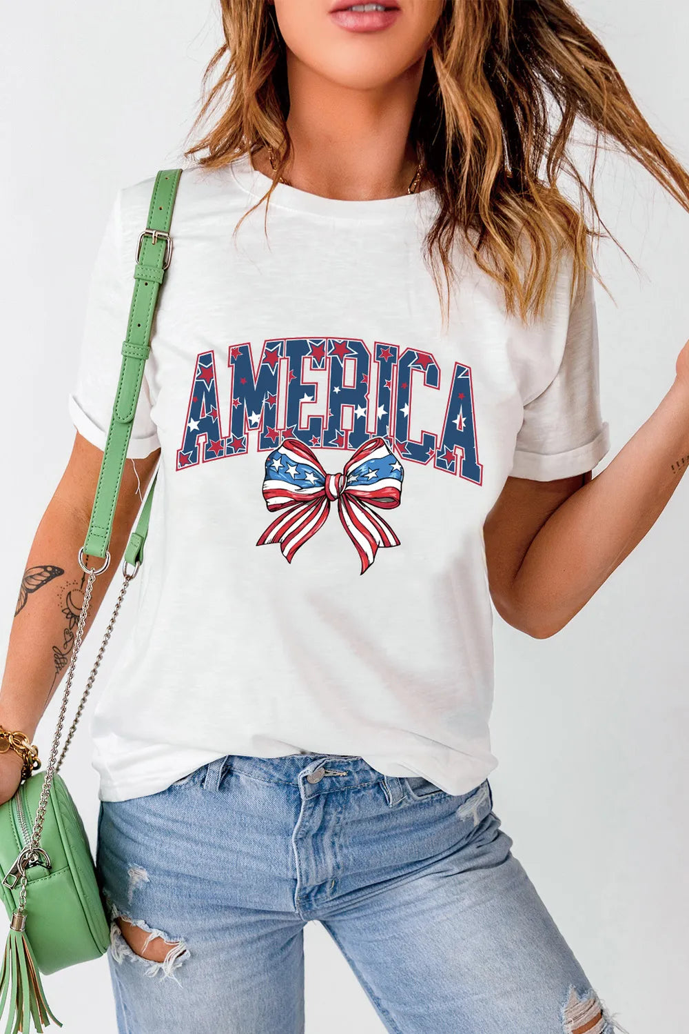 America Round Neck Short Sleeve T-Shirt in White for Women