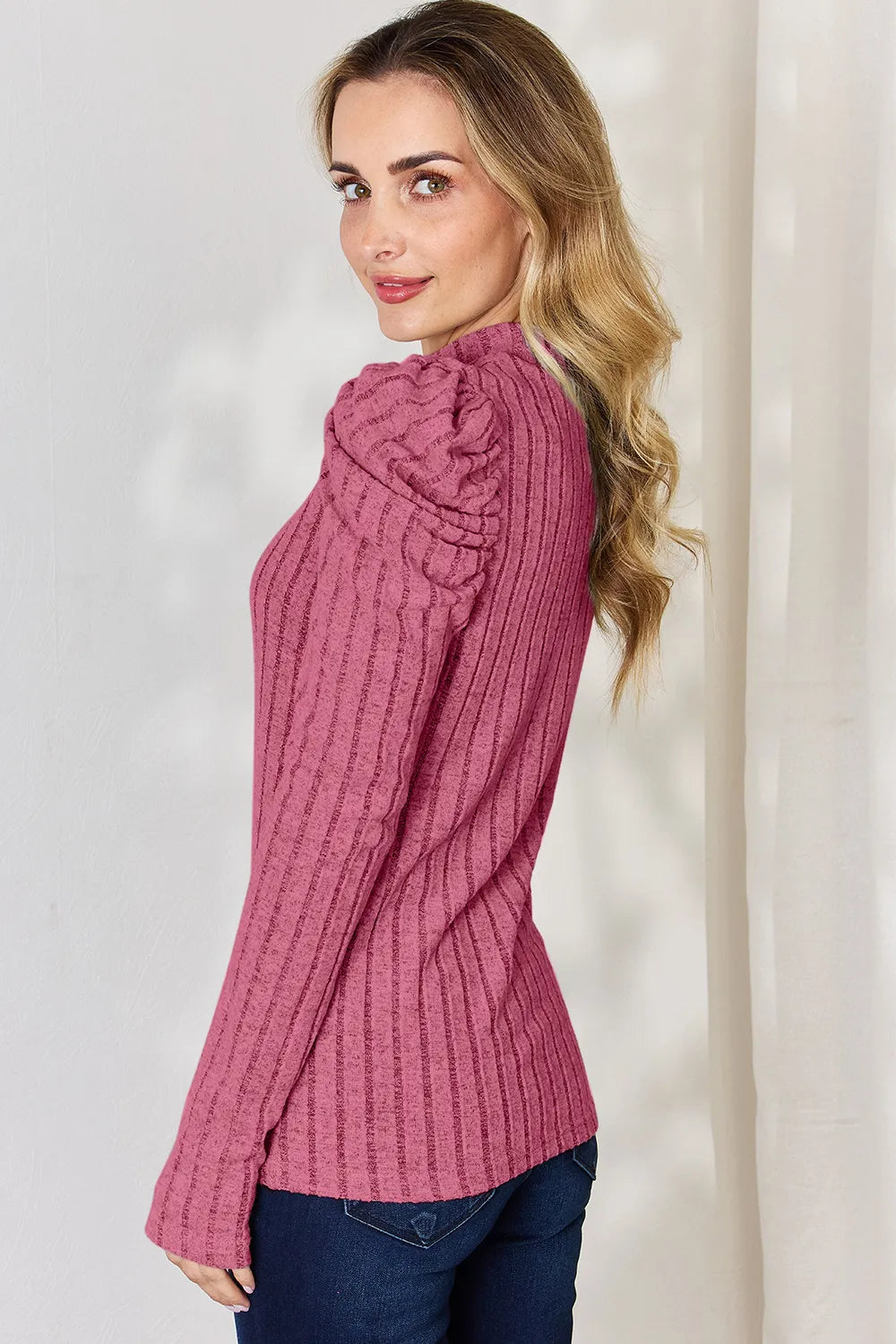 Plus Size Ribbed Mock Neck Puff Sleeve T-Shirt for Women