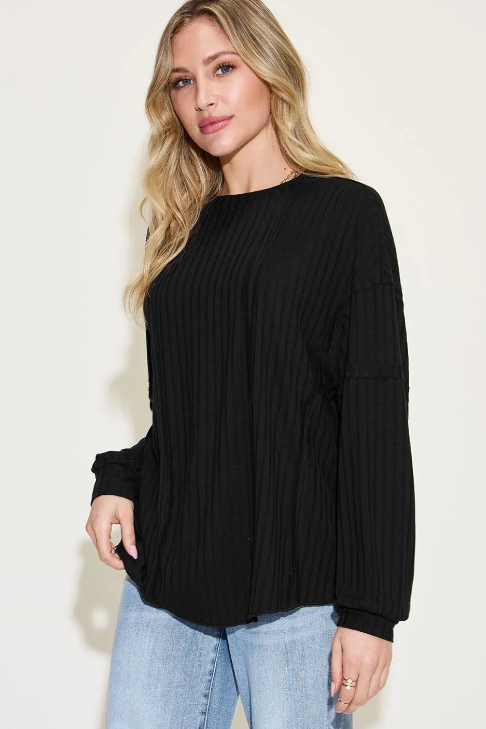 Plus Size Ribbed Round Neck Long Sleeve T-Shirt in Orange for Women