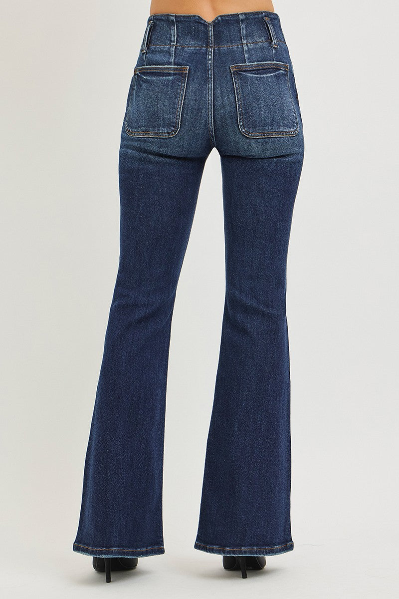 High Rise Flare Jeans with Seam Detail Waistband in Dark for Women