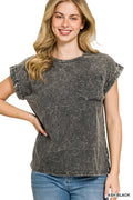 Crinkle Washed Round Neck Folded Short Sleeve Tee Plus Size in Black for Women