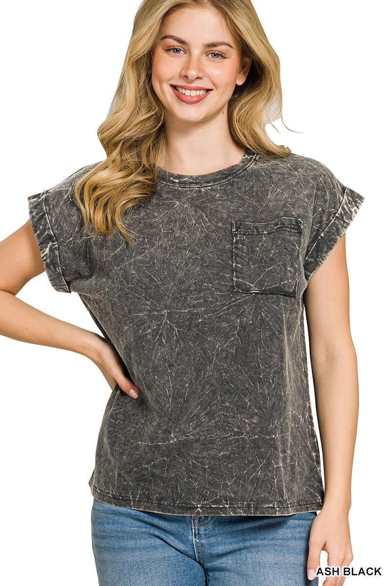 Crinkle Washed Round Neck Folded Short Sleeve Tee Plus Size in Black for Women