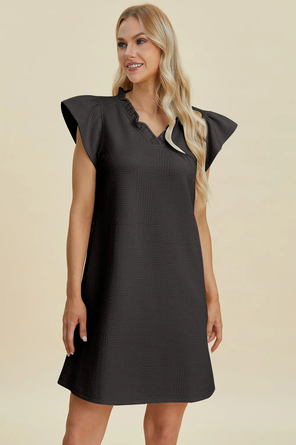 Plus Size Ruffled V-Neck Cap Sleeve Dress in Dark Green for Women