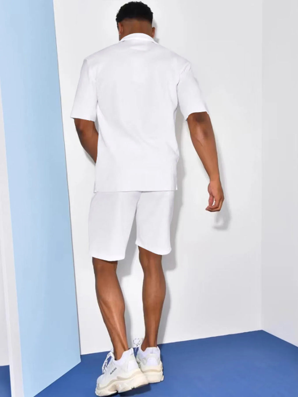 Plus Size Button Up Shirt and Shorts Set in White for Men