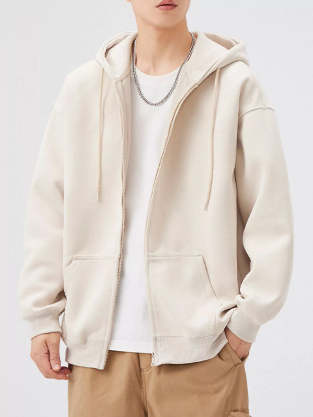 Casual Loose Fit Zip-Up Hoodie in White Gray for Men