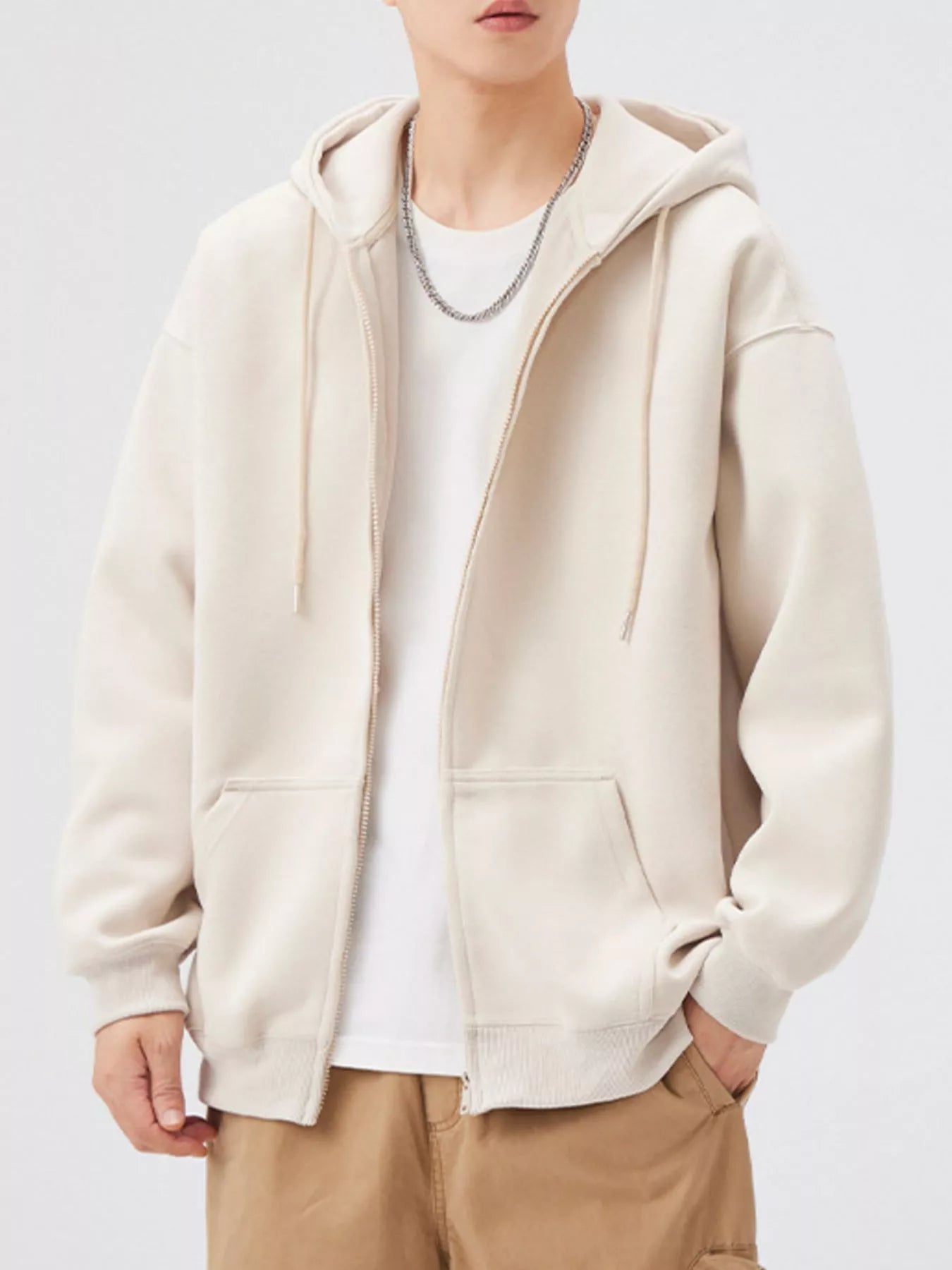 Casual Loose Fit Zip-Up Hoodie in White Gray for Men