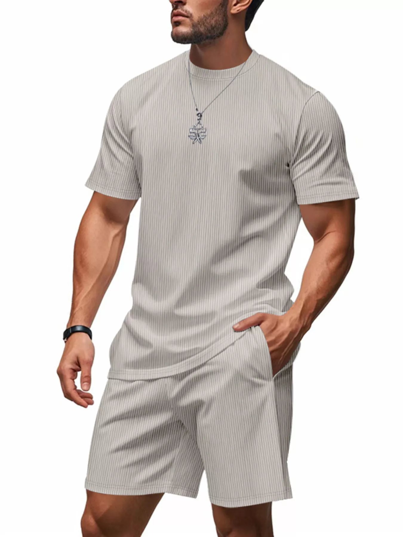 Casual Striped Top and Shorts Set Plus Size in Light Blue for Men