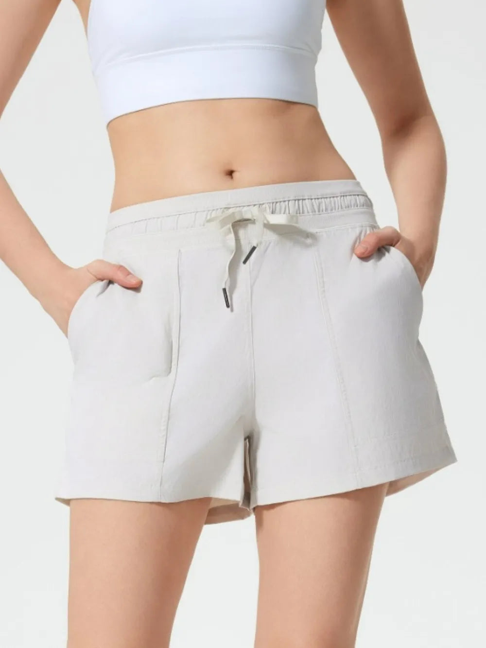 Drawstring Active Shorts with Pockets in White for Women