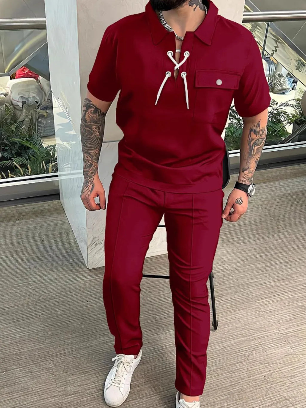 Lace Up Short Sleeve Top and Pants Plus Size in Black for Men