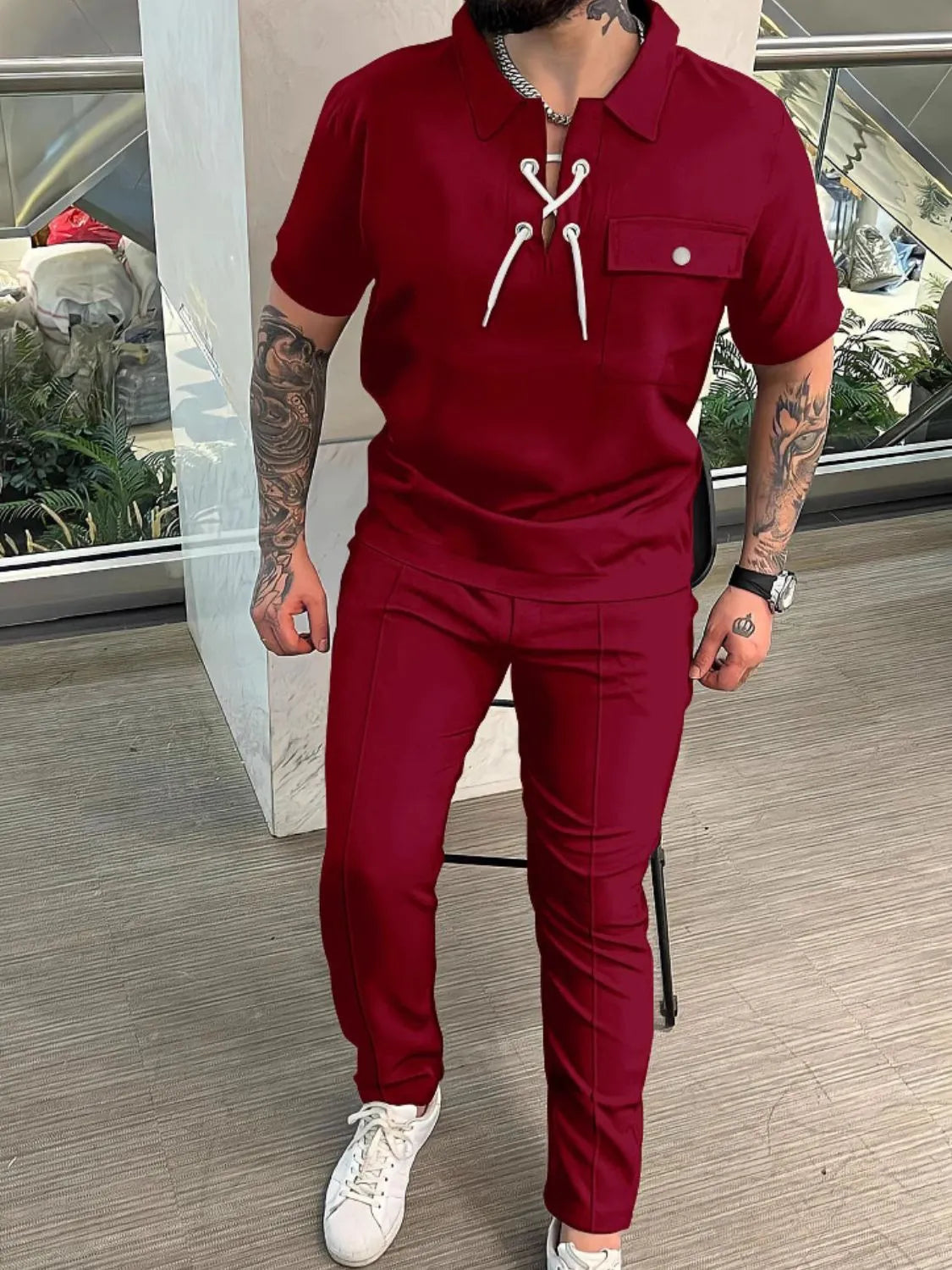 Lace Up Short Sleeve Top and Pants Plus Size in Black for Men