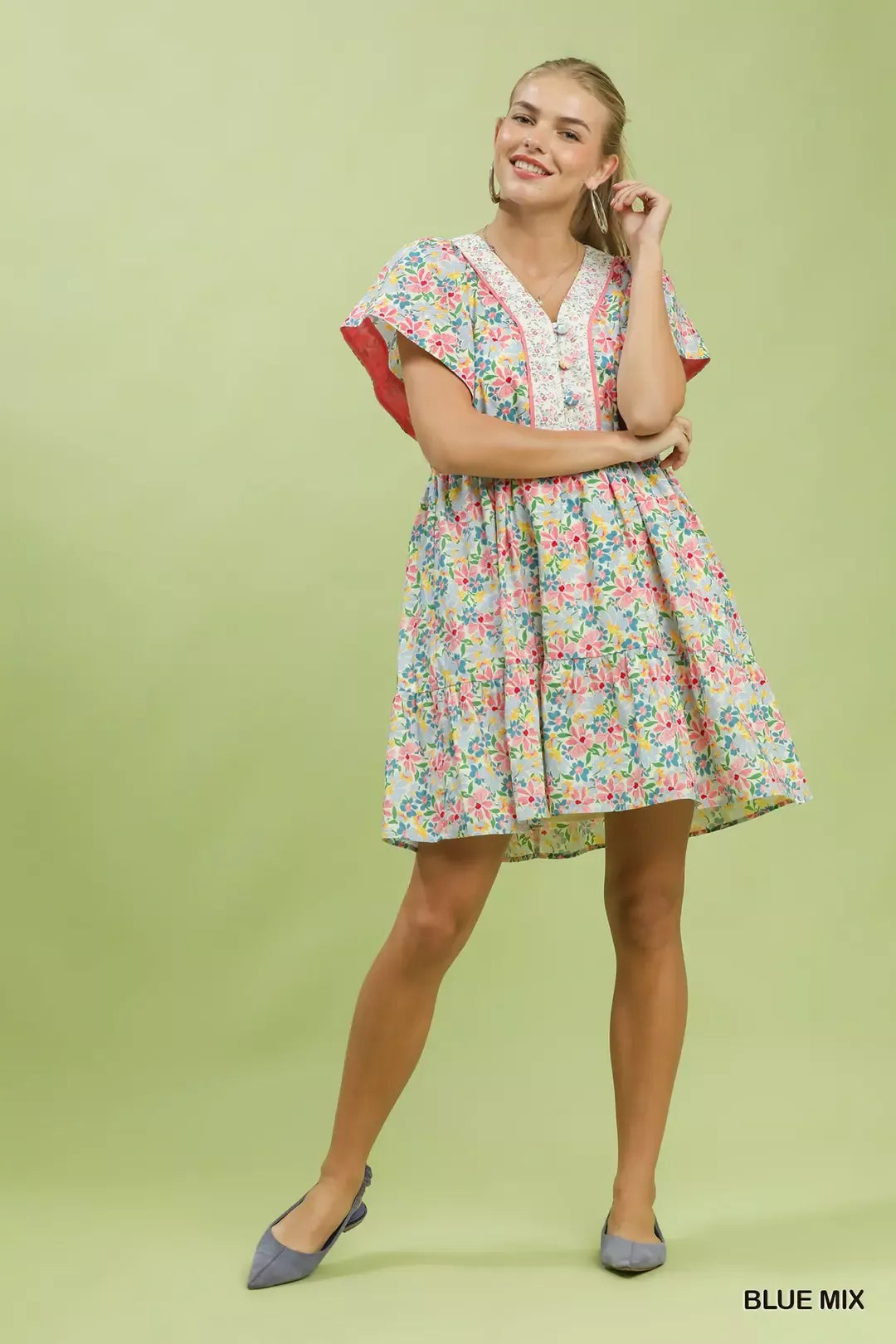 Mix Floral Tiered Mini Dress with Side Pockets for Women