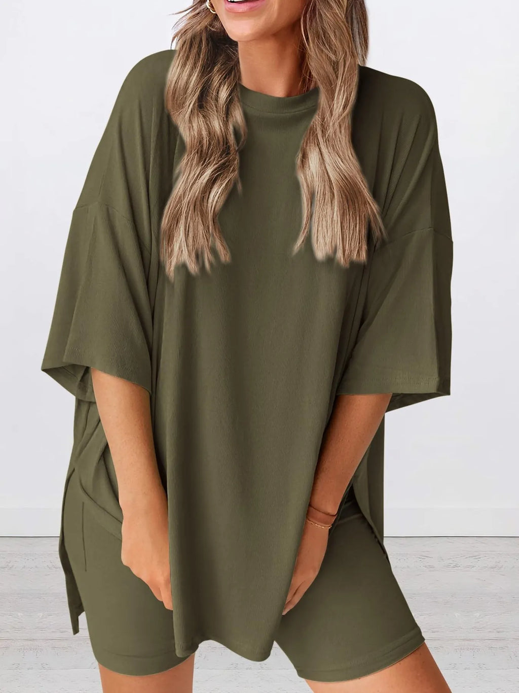 Oversized Slit Round Neck Top and Shorts Lounge Set Plus Size in Army Green for Women