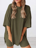 Oversized Slit Round Neck Top and Shorts Lounge Set Plus Size in Army Green for Women