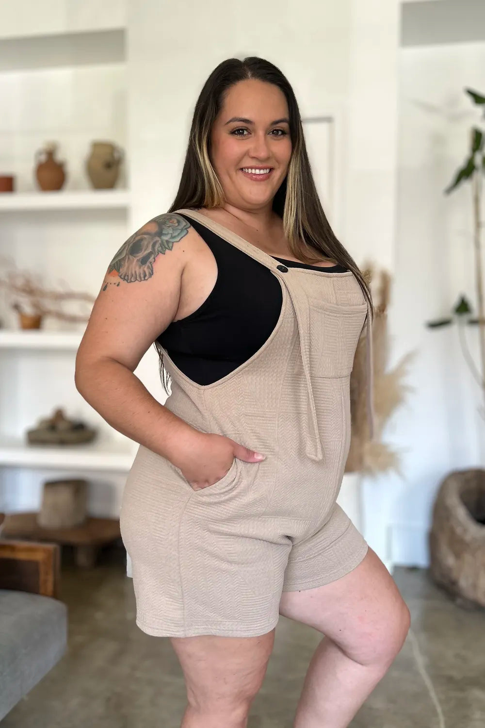 Plus Size Texture Sleeveless Romper in Khaki in Black for Women