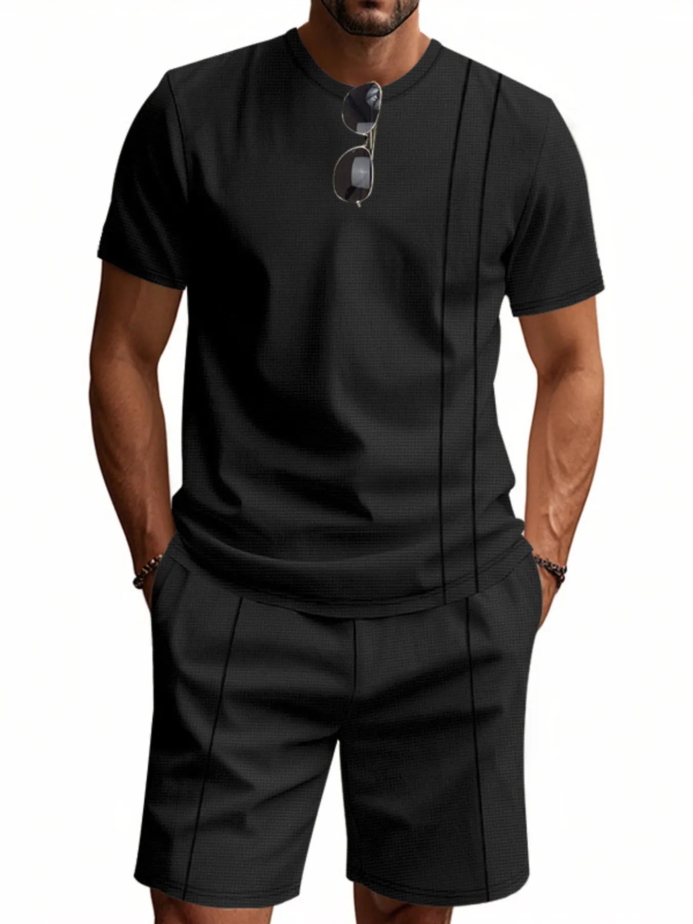 Round Neck Short Sleeve Top and Shorts Set Plus Size in Black for Men