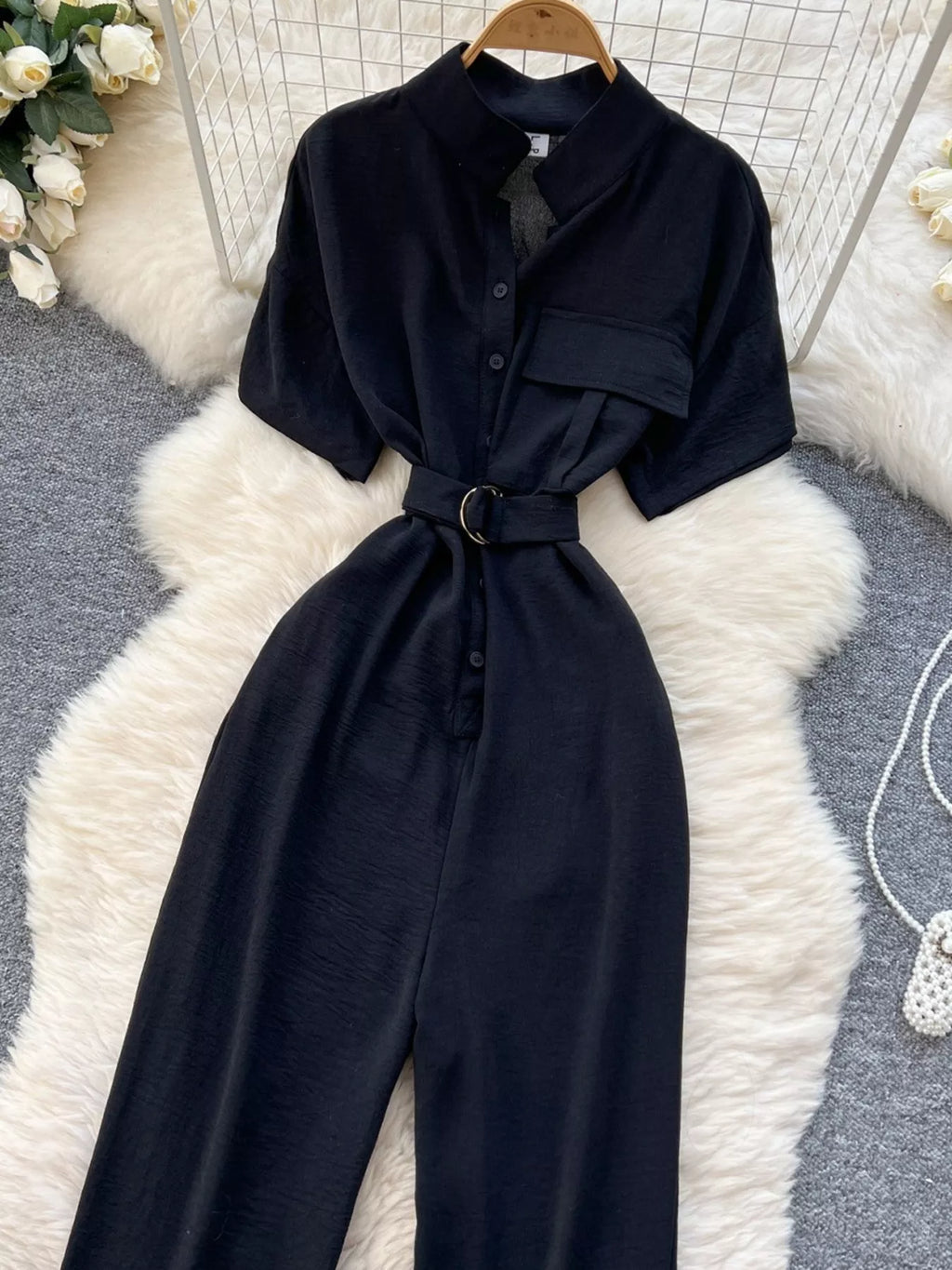 Red Button Front Wide Leg Jumpsuit for Women