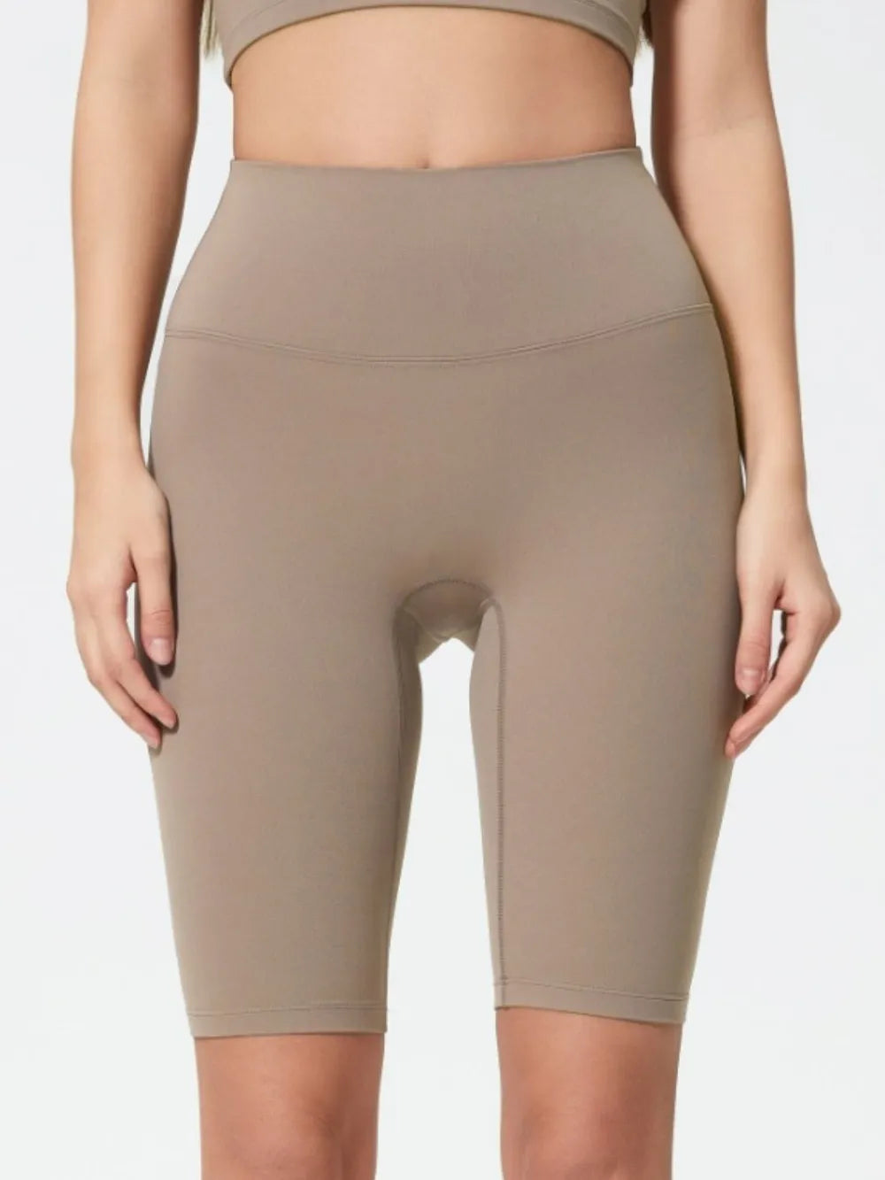 High Rise Wide Waistband Active Shorts in Dark Brown in Dusty Blue for Women
