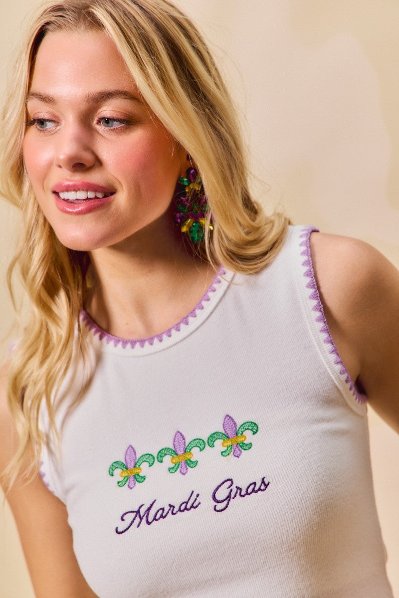 Mardi Gras Tank Top with Contrast Blanket Stitch for Women
