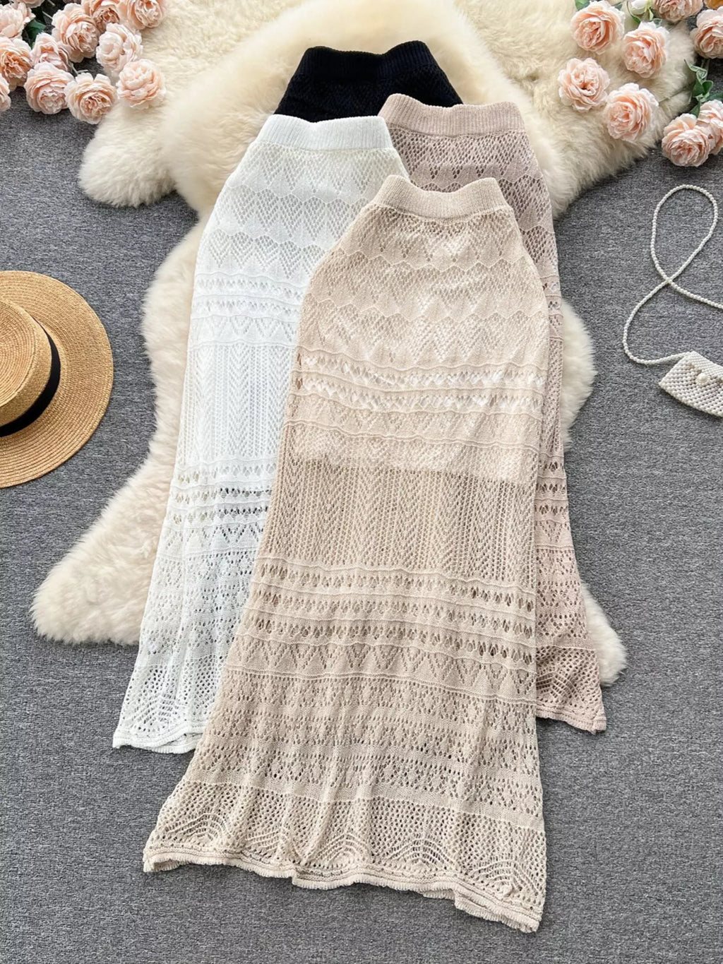 Knitted Hollow Out Maxi Skirt in Apricot for Women