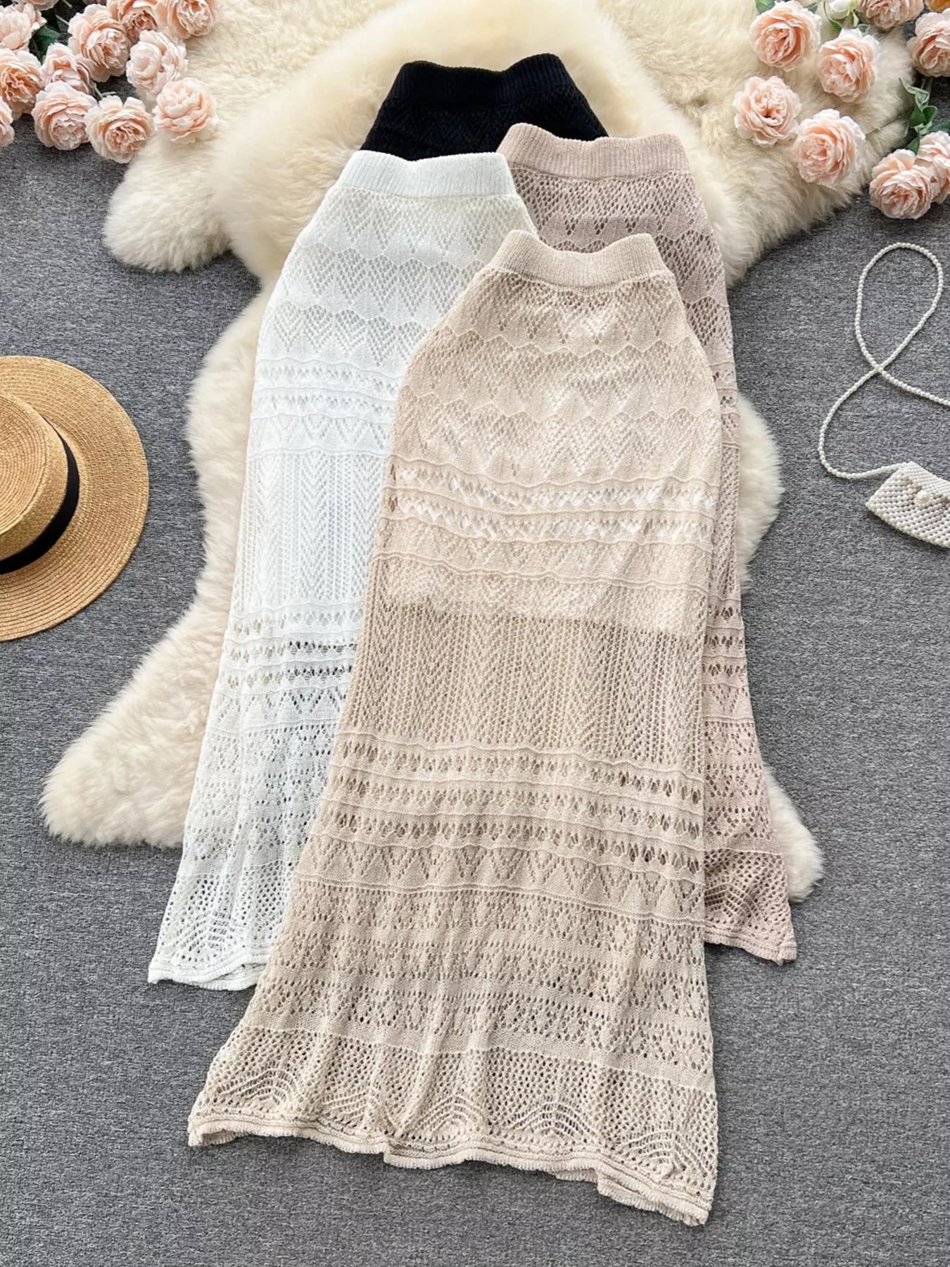 Knitted Hollow Out Maxi Skirt in Apricot for Women