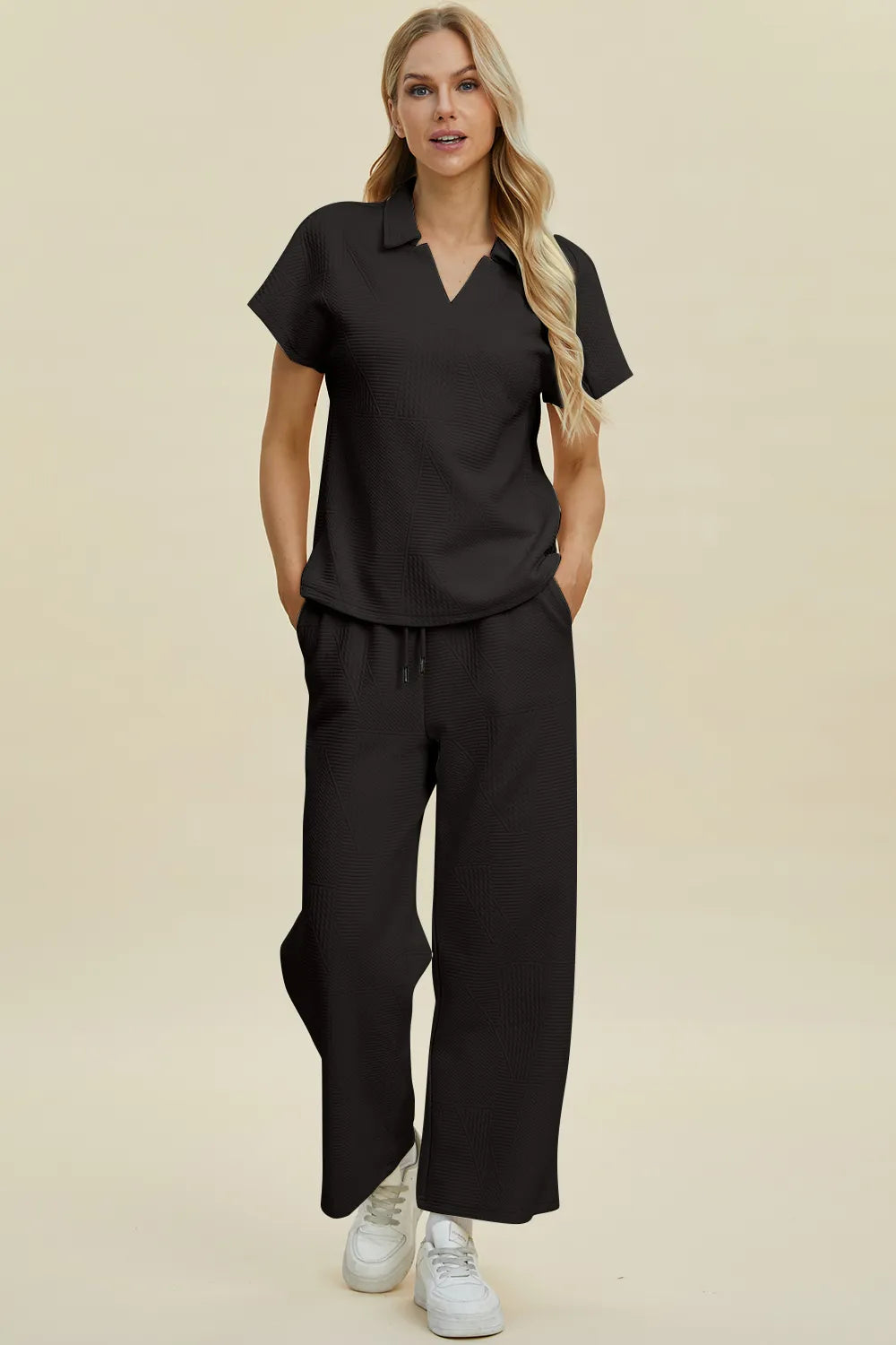 Plus Size Collared Neck Short Sleeve Top and Pants Set in Black for Women
