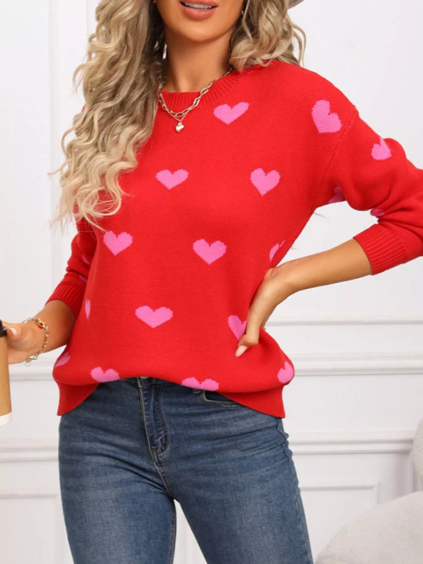Valentines Day Heart Pattern Dropped Shoulder Sweater for Women