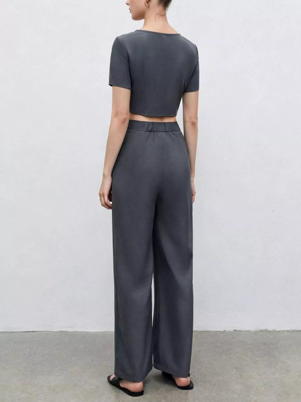 Square Neck Crop Top and Wide Leg Pants Set in Dark Gray for Women