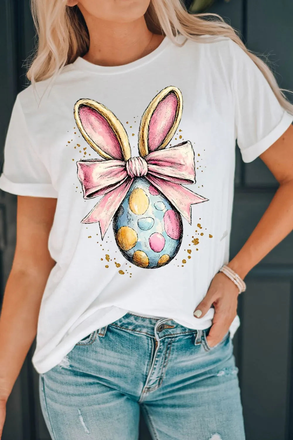 Easter Egg Bow Bunny Ear Graphic T-Shirt in White for Women