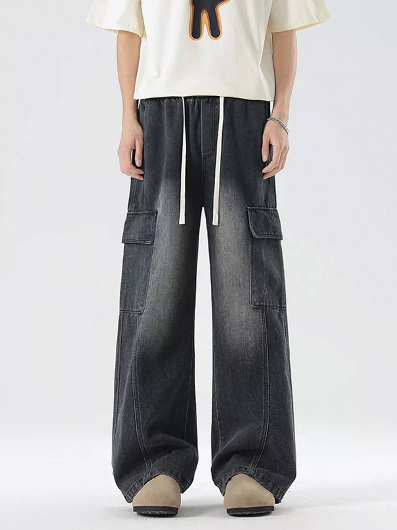 Plus Size Wash Wide Leg Cargo Jeans in Vintage Blue for Men