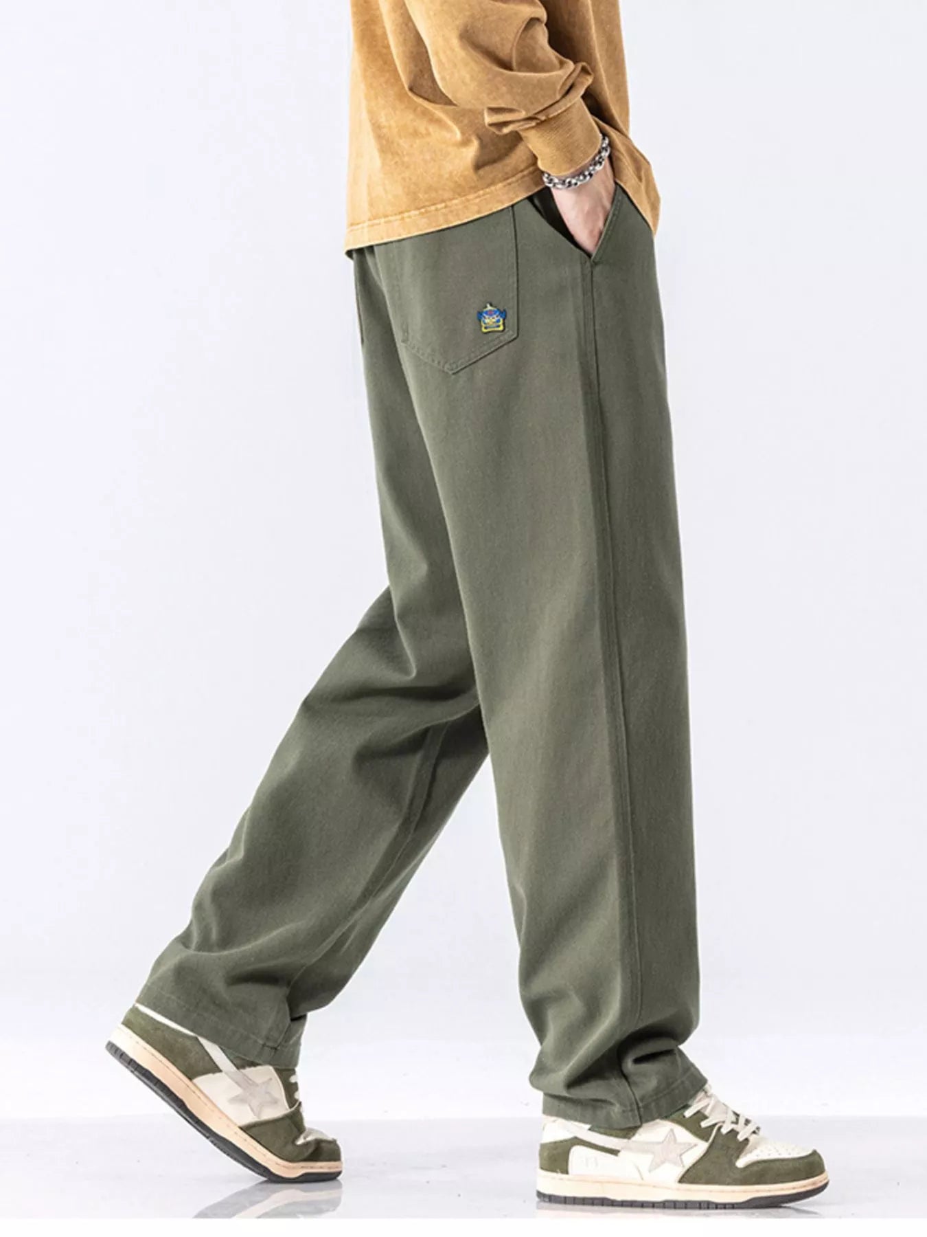 Casual Loose-Fit Drawstring Pants Plus Size in Khaki for Men