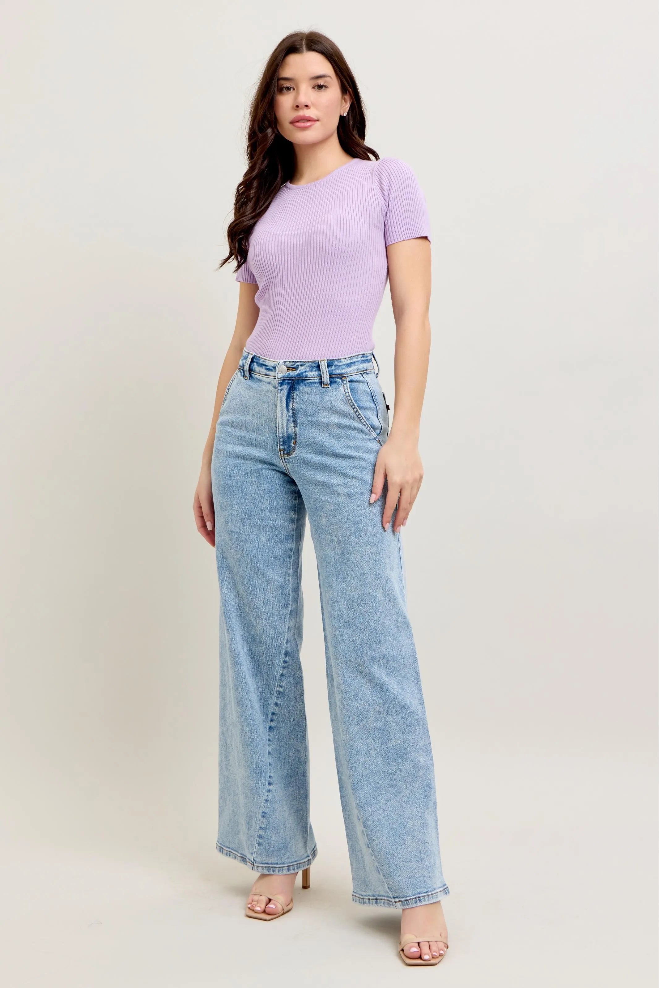 High Waist Wide Leg Jeans with Skewed Inseam Plus Size in Light for Women
