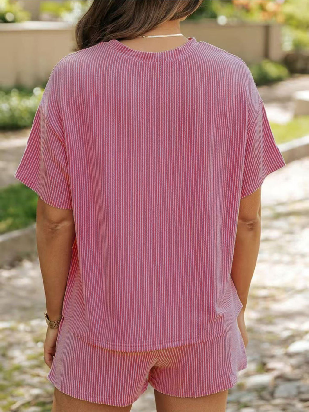 Ribbed Short Sleeve Top and Shorts Two-Piece Set Plus Size in Dusty Pink for Women
