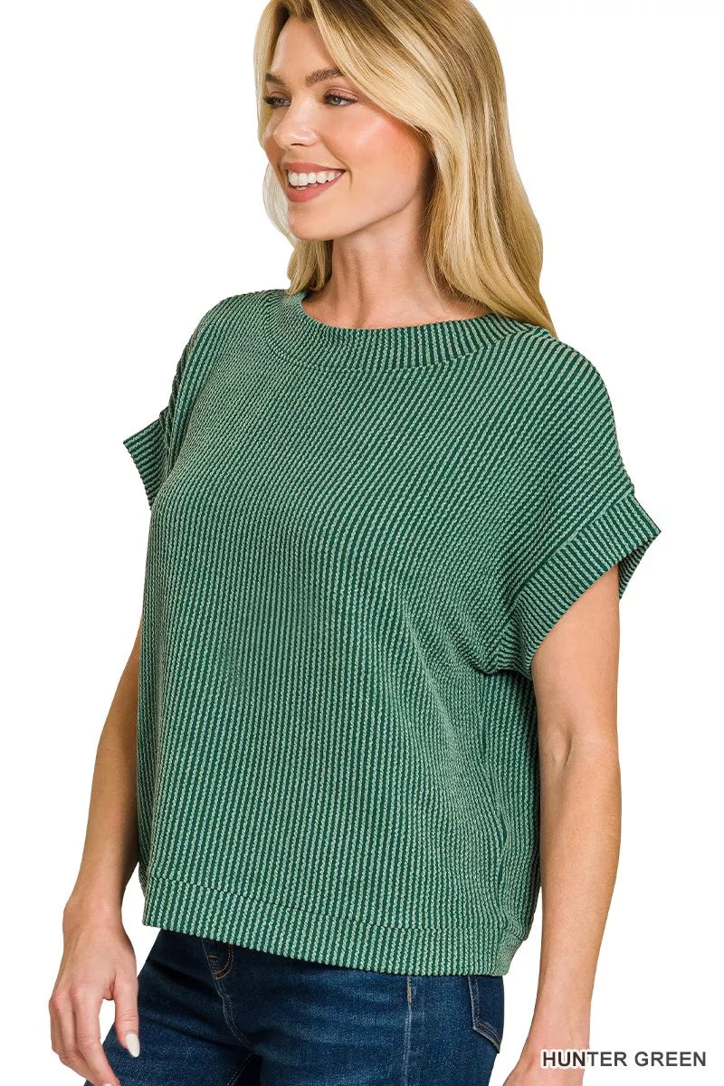 Raised Rib Cap Sleeve Top in Hunter Green for Women