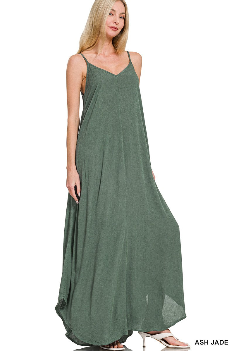 Woven Crinkle Cami Maxi Dress with Side Pockets in Jade Green for Women