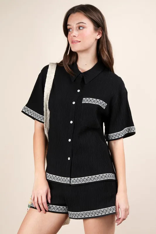 Crinkled Woven Shirt Top & Shorts Set for Women