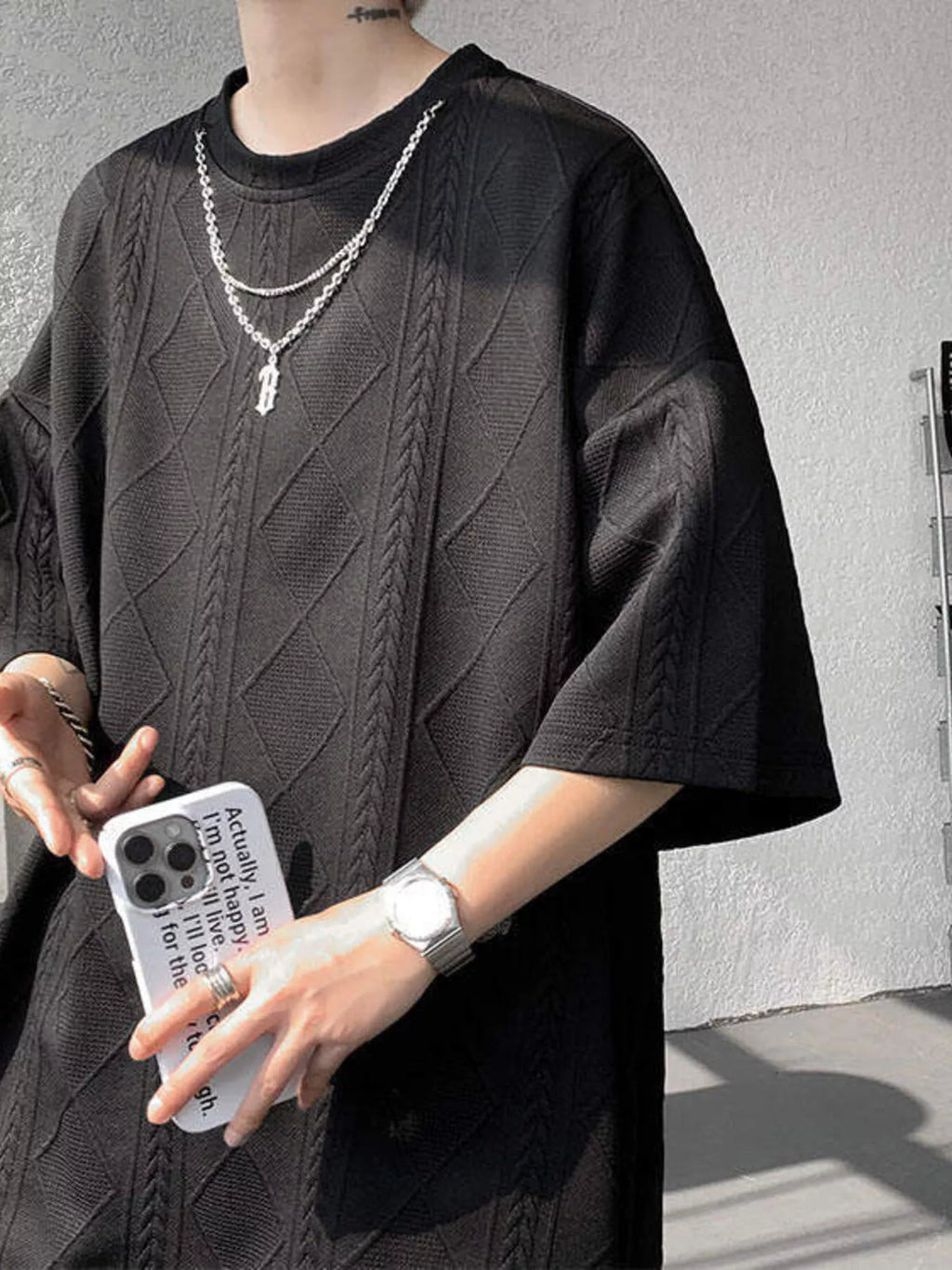 Plus Size Textured Relaxed Fit Top and Shorts Set in Black for Men