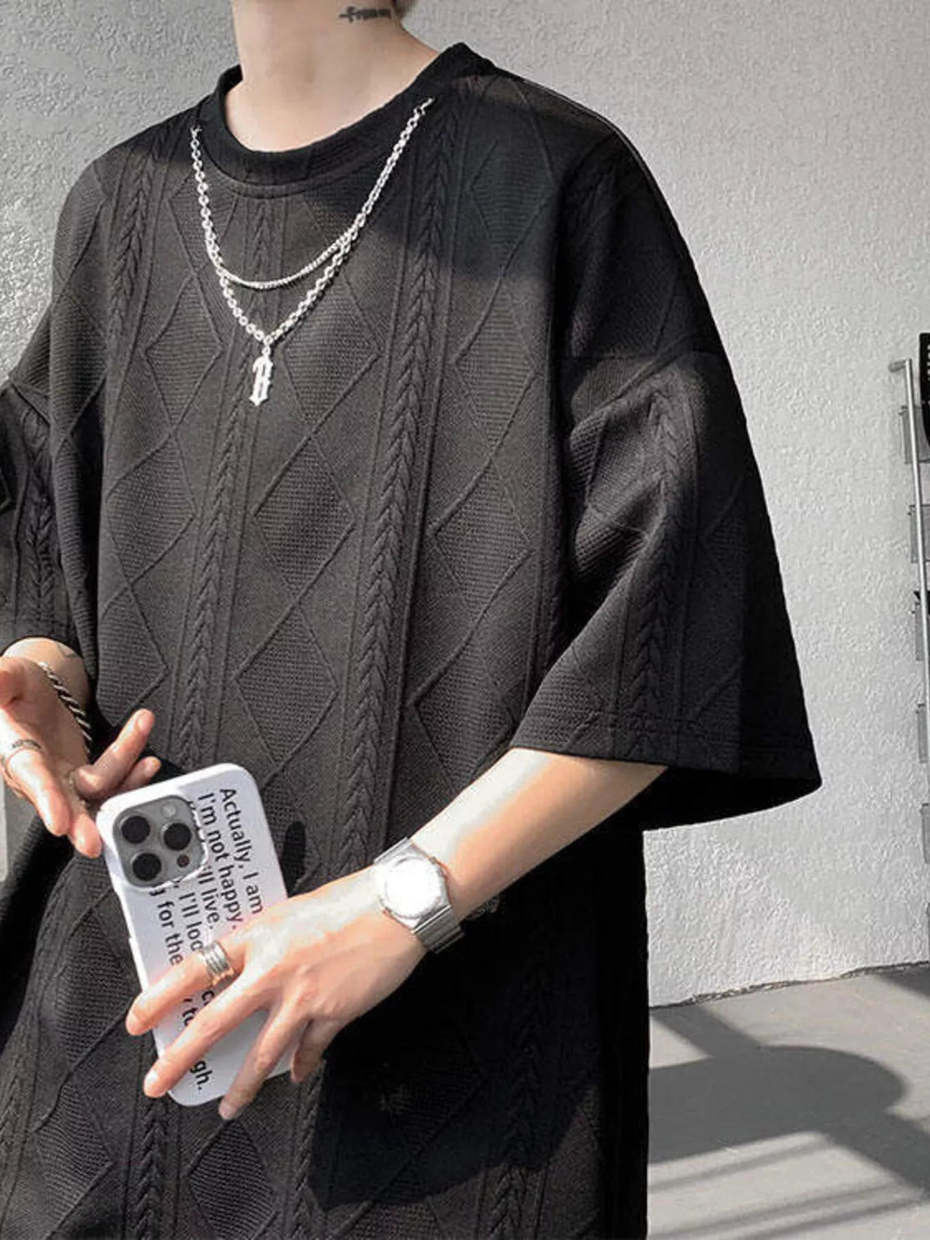 Plus Size Textured Relaxed Fit Top and Shorts Set in Black for Men