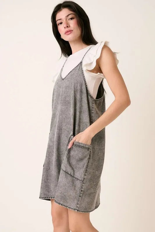 Washed Patch Pocket Mini Cami Denim Dress in Gray for Women