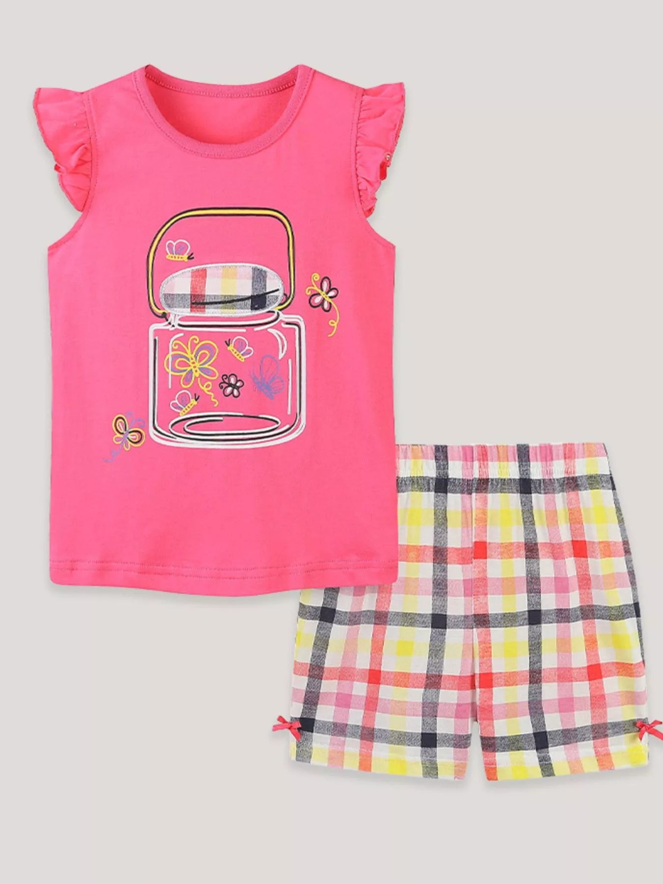 Cartoon Graphic Ruffle Trim Tee & Plaid Shorts Set in Multicolor for Girls