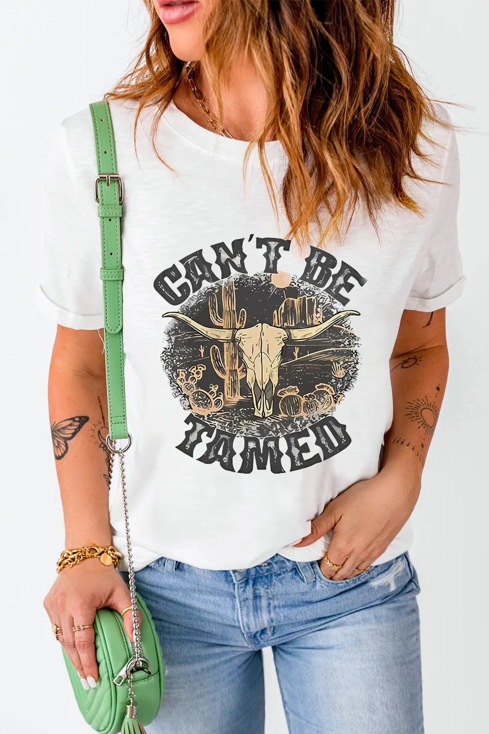 Graphic Round Neck Short Sleeve T-Shirt in Classic in White for Women
