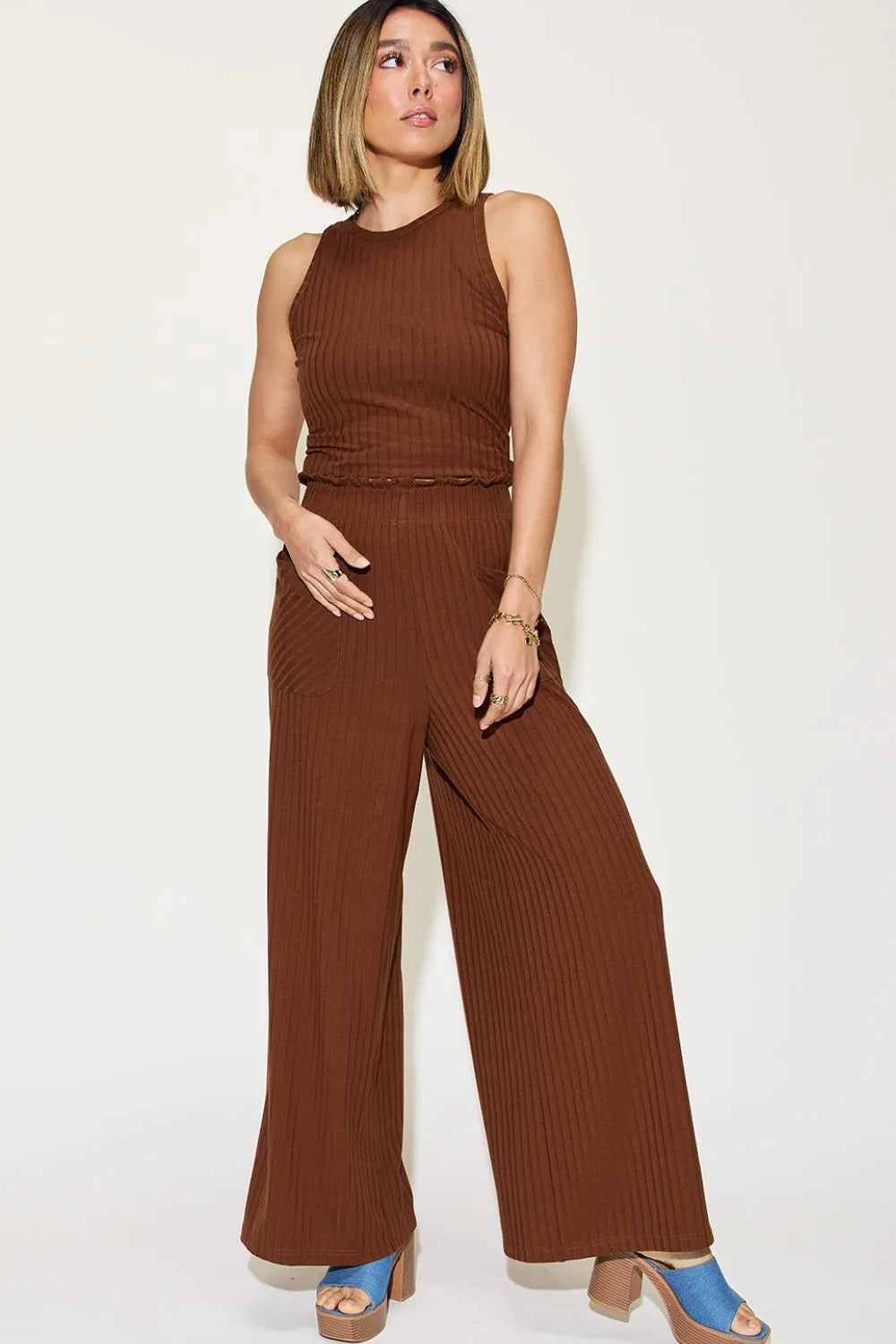 Plus Size Ribbed Tank and Wide Leg Pants Set in Orange for Women